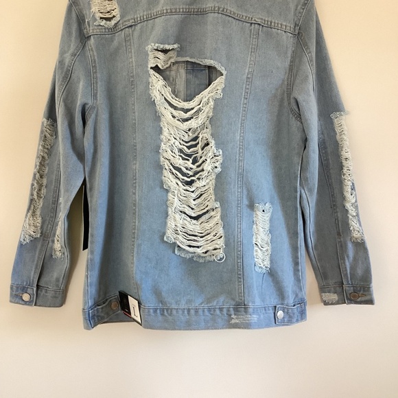 Boom Boom Distressed Torn Moto Jean Denim Trucker Jacket Sz L Relaxed Fit NWT - Picture 6 of 14
